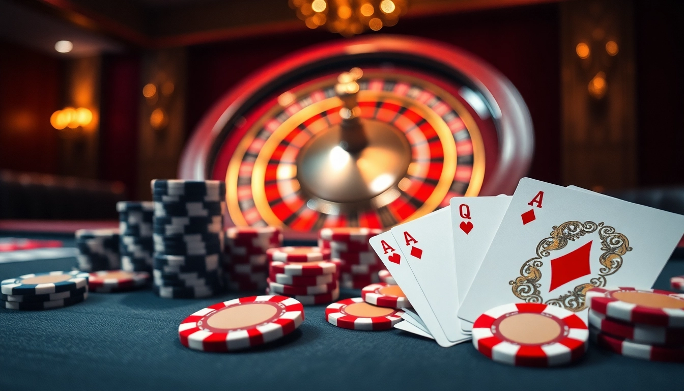 Engaging casino scene showcasing tỷ lệ kèo bet88 with vibrant poker chips and roulette wheel.