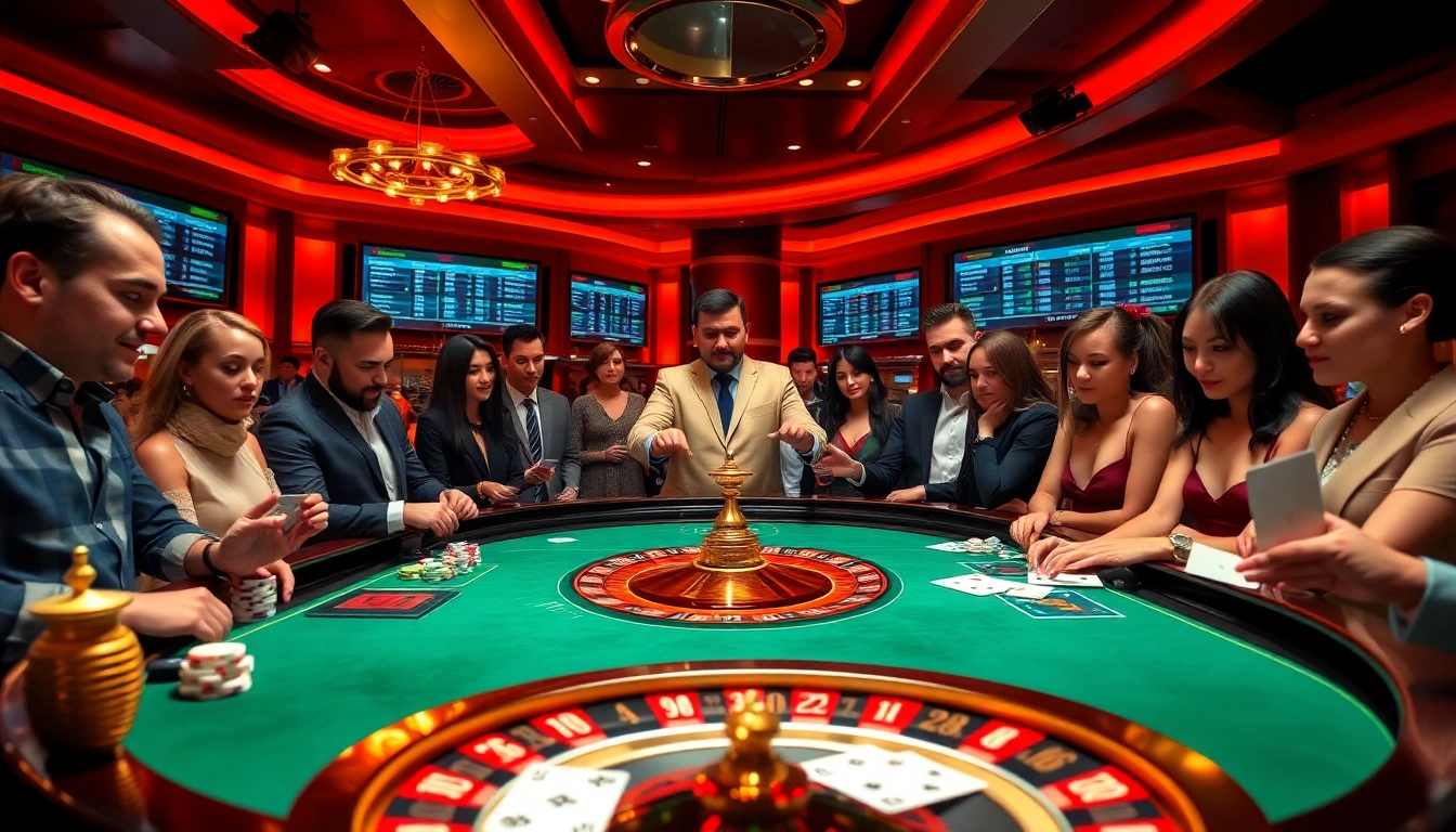 Exciting gambling scene at PS 99 casino featuring roulette, cards, and poker chips.