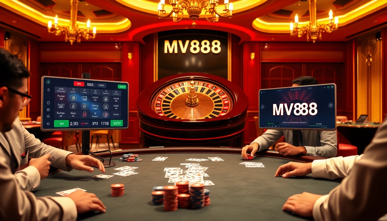 Experience thrilling MV88 gaming at a luxurious casino with vibrant poker tables and a roulette wheel.