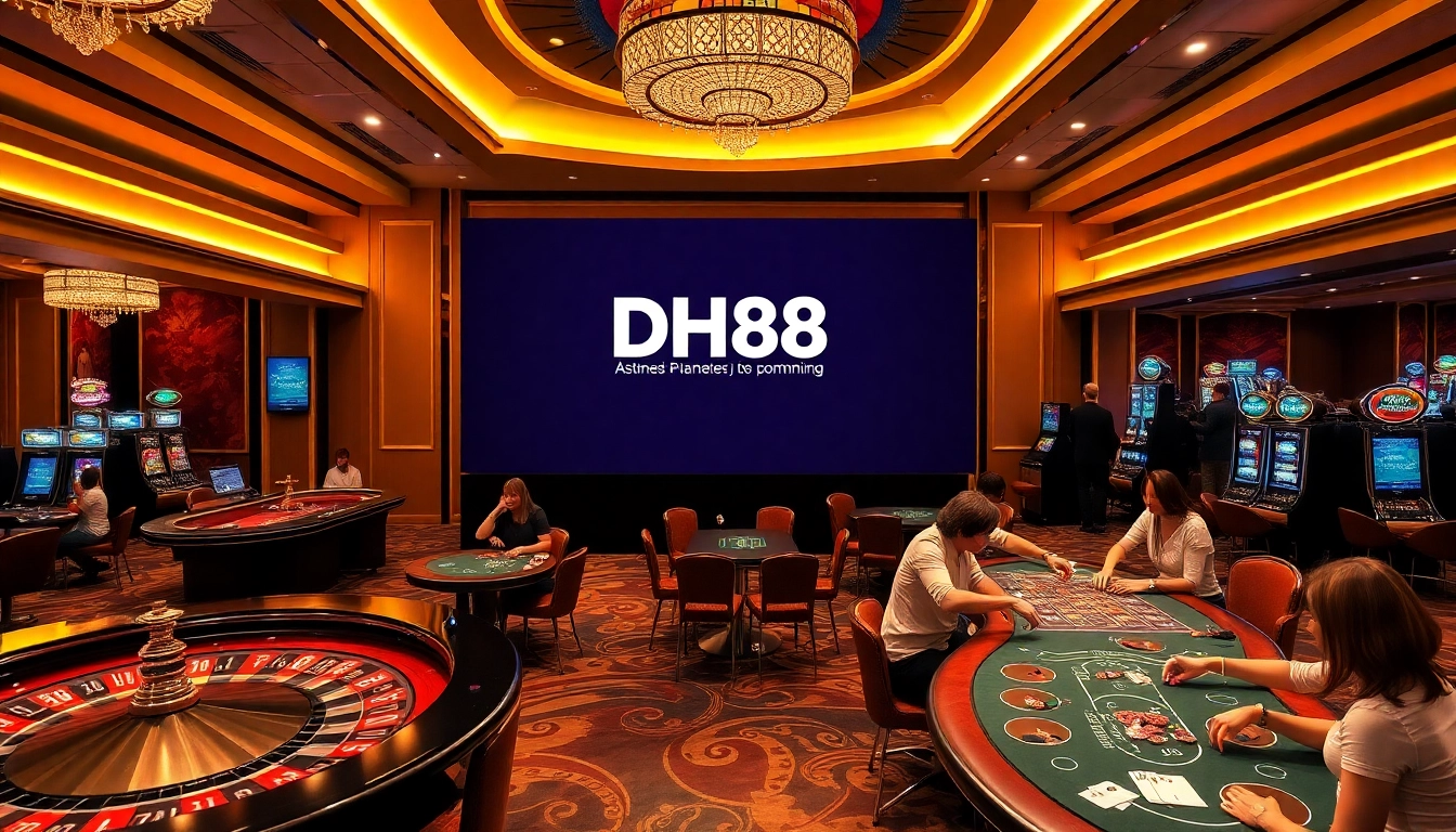 Gamblers enjoying a thrilling game at DH88 casino with vibrant tables and slot machines.