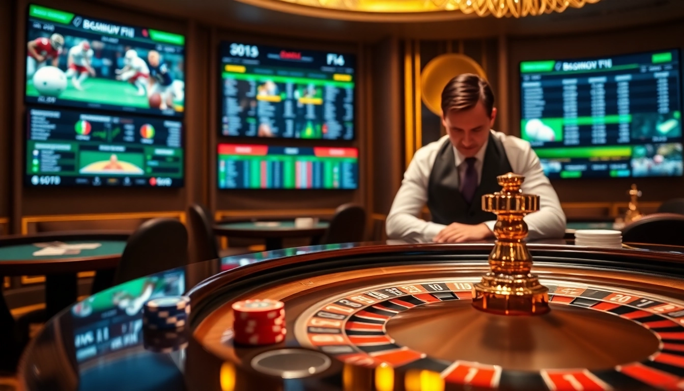 Engaged player enjoying Bsport sports betting at a luxury casino table filled with poker chips and cards.