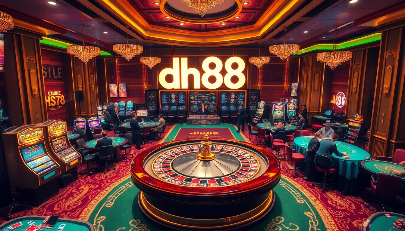 Players enjoying high-stakes games at a luxurious casino featuring dh88 decor and vibrant slot machines.