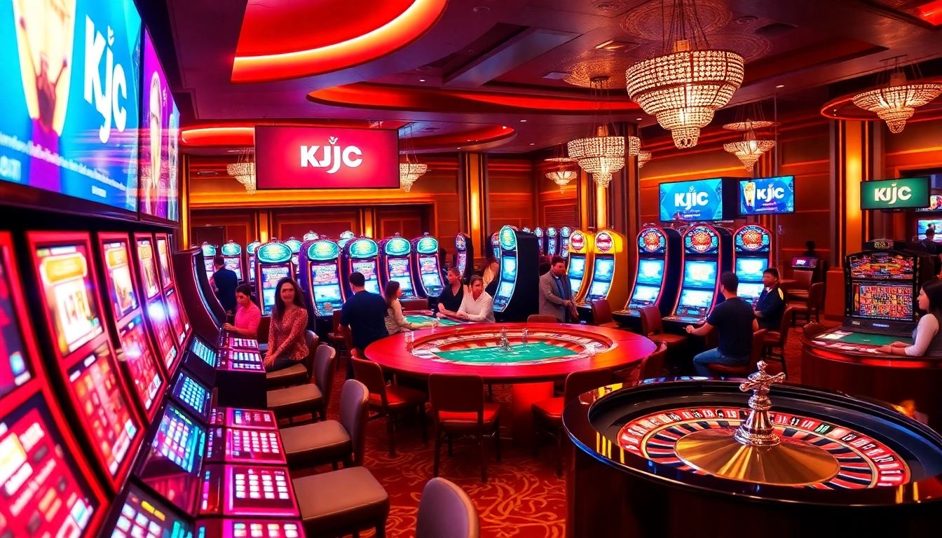 KJC players enjoying thrilling moments at a luxurious casino with vibrant slot machines and poker tables.