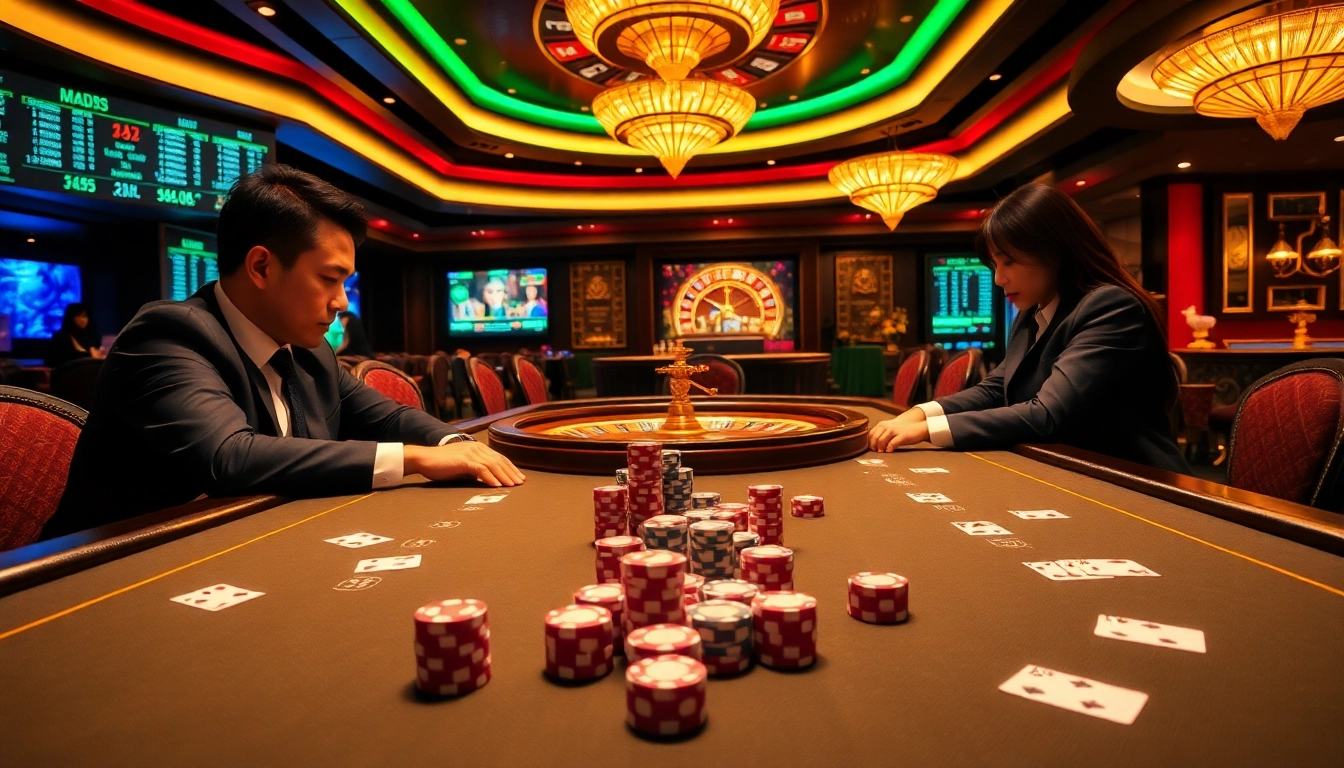 Players engaging in a high-stakes tài xỉu md5 game at an elegant casino table filled with chips and dice.