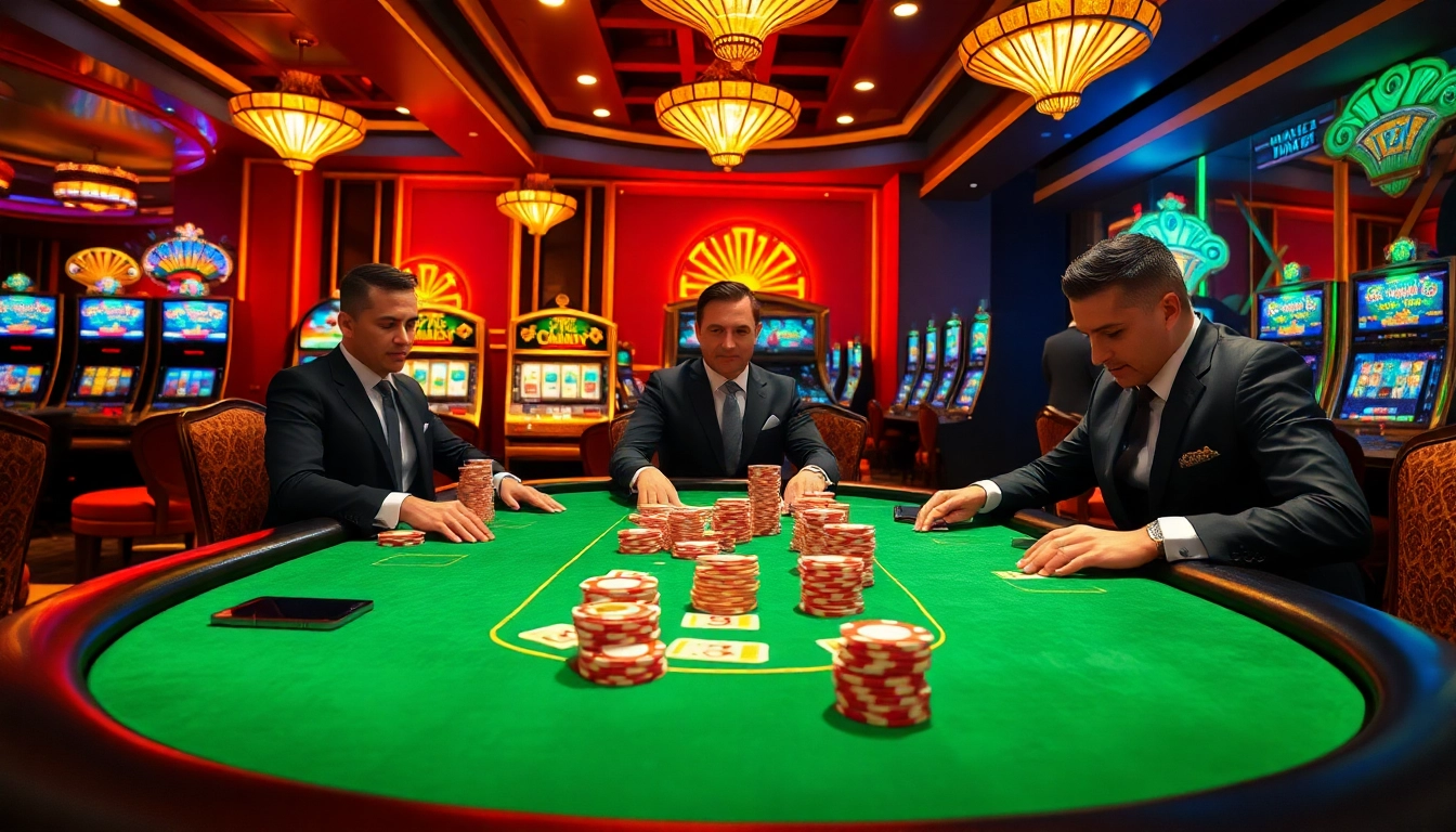 Experience high-stakes gaming with mb 88 at an upscale casino poker table surrounded by vibrant slot machines.