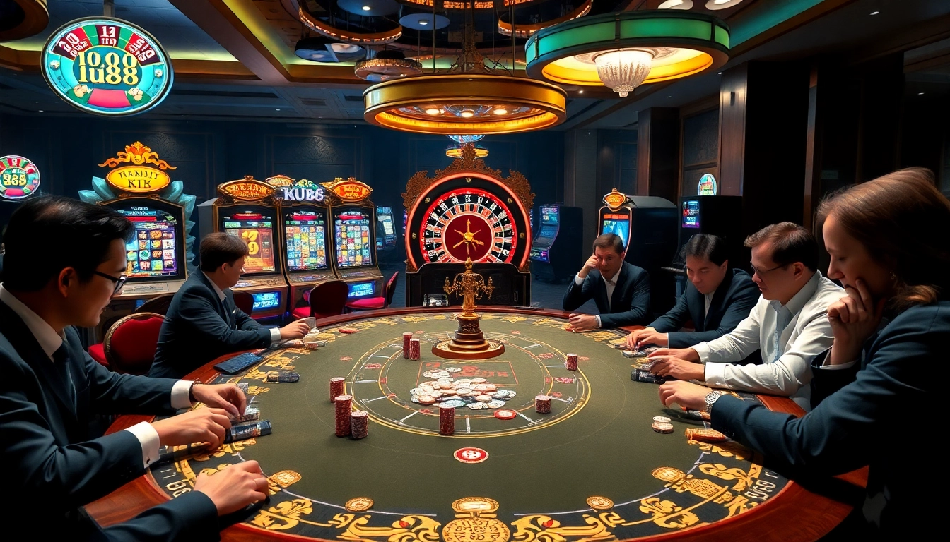 Engage in thrilling card games at ku88's luxurious casino table with vibrant slot machines.