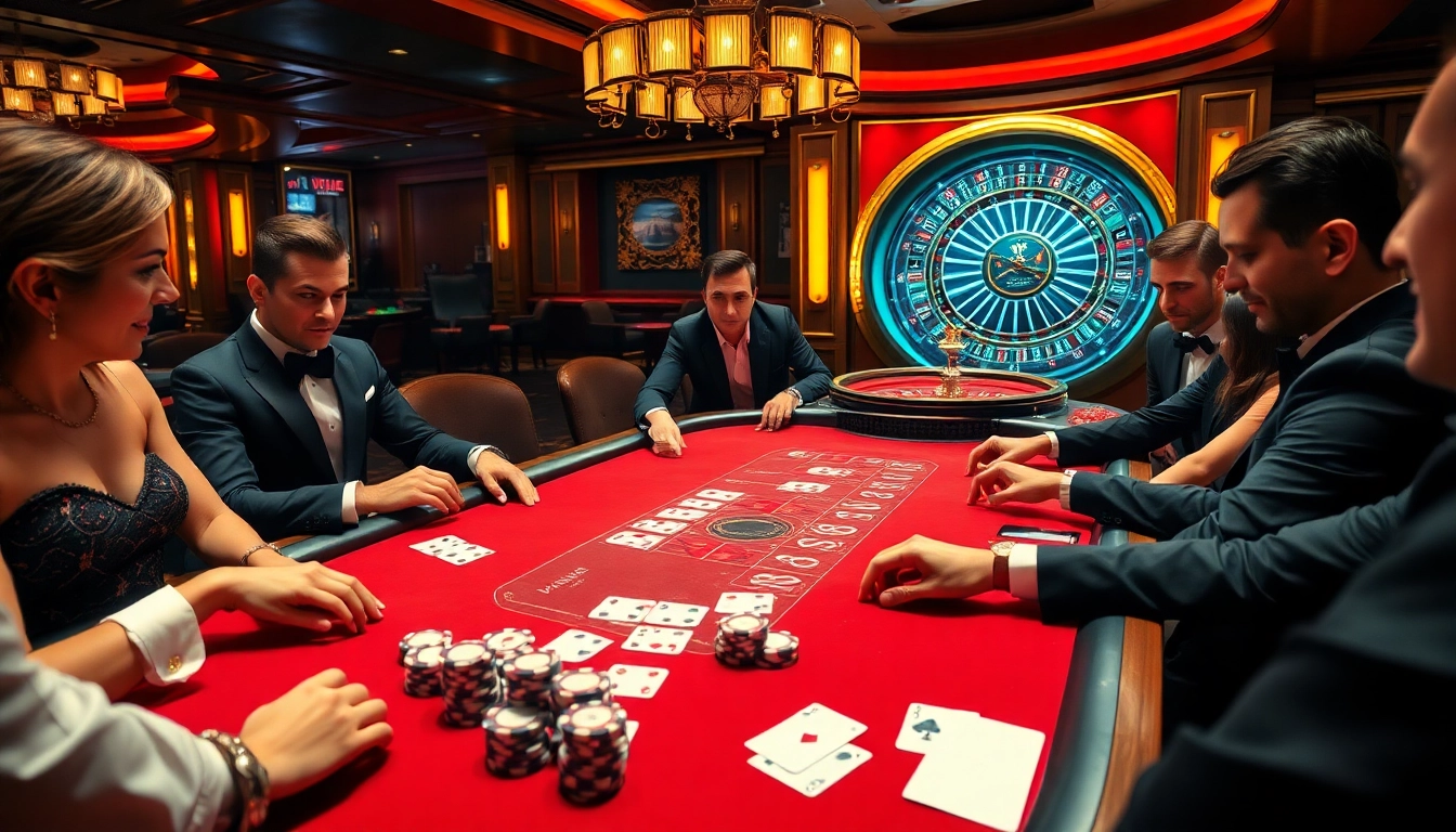 Players enjoying an upscale VMAX poker game surrounded by luxurious casino decor.