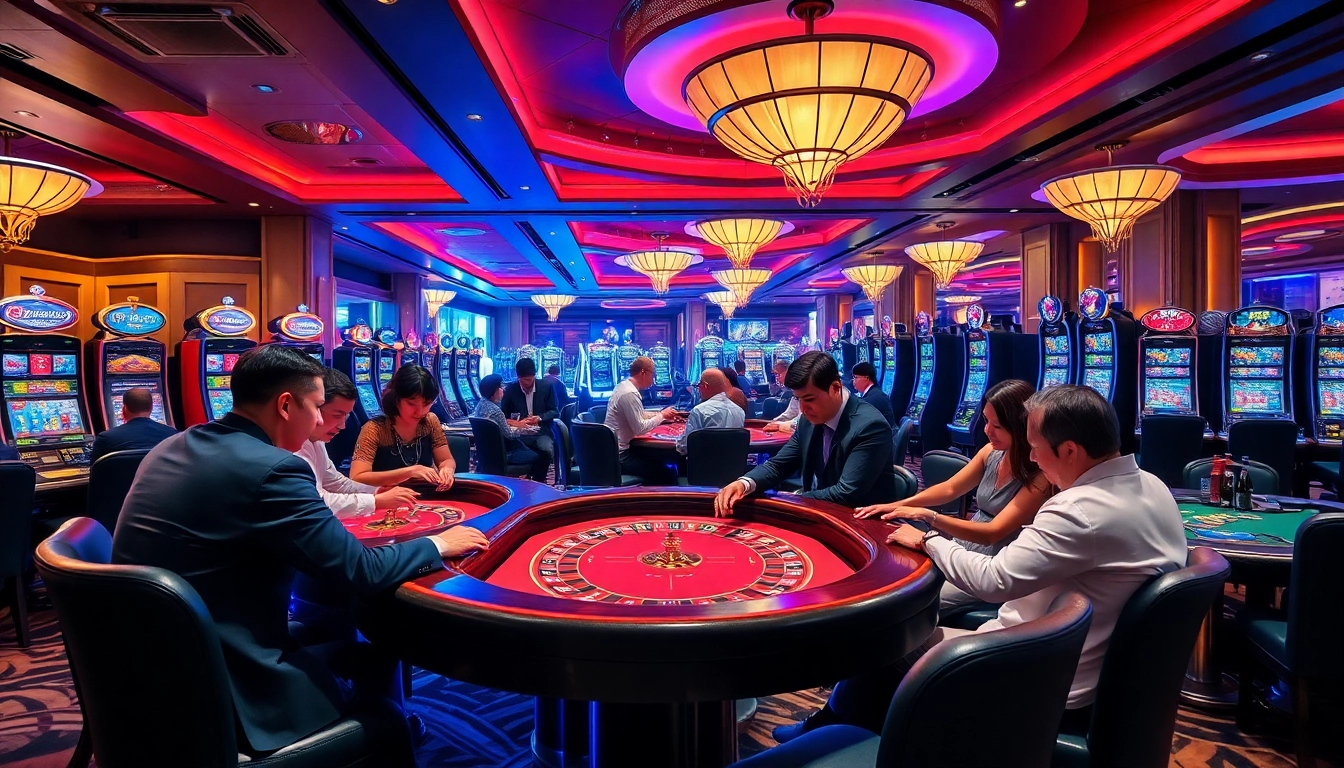 KJC enhances online gambling excitement with a vibrant casino scene featuring diverse players and luxurious settings.