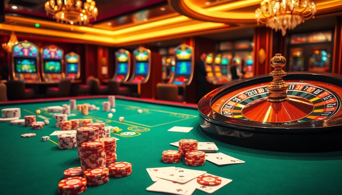 Experience the thrill of gaming at fly88's luxurious casino with vibrant tables and colorful chips.