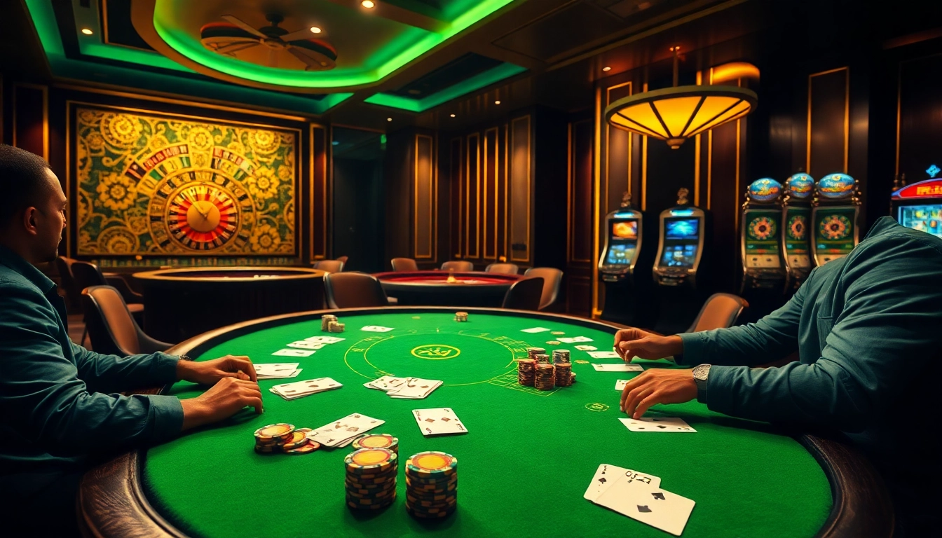 Engaging scene with casino players using PG99 Code at a glamorous poker table amidst vibrant gaming activity.