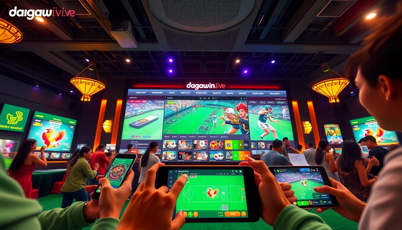 Experience the excitement of live betting at dagawin.live, featuring engaging visuals of cockfighting and casino games.