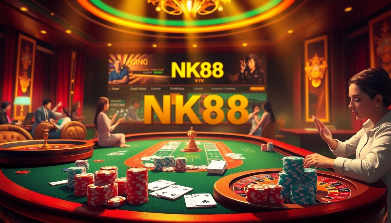 Engaging NK88 VIP casino scene capturing high-stakes gaming excitement and luxury.