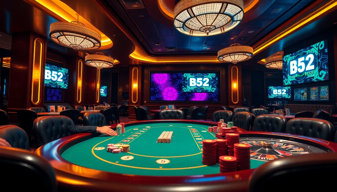 Engage in thrilling poker at a luxurious casino featuring B52 alongside colorful chips.