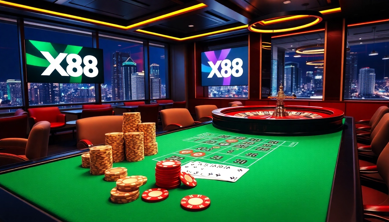 Experience thrilling gameplay with X88 in a luxurious casino setting featuring poker chips and cards.