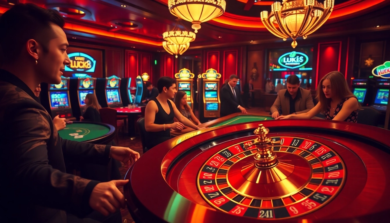 LUCK8 và LUCKY8 thu hút người chơi tại một bàn casino sôi động, xung quanh là những chiếc chip và bánh xe roulette.