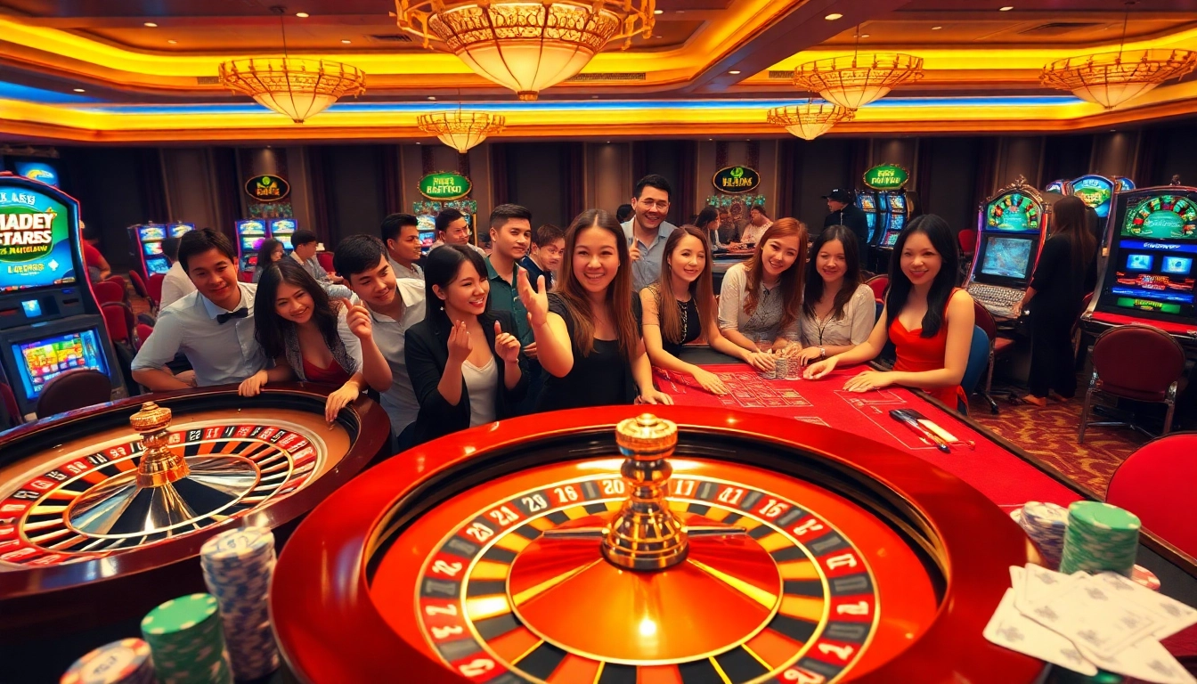 RR88 players enjoying a thrilling game night at a luxurious casino with poker tables and roulette wheels.