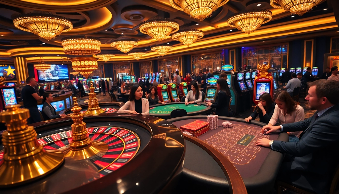 79king players engaging in thrilling casino games with vibrant slot machines and roulette wheels.