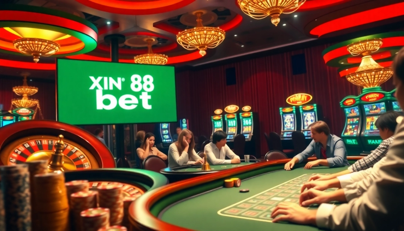 Casino betting action at XIN 88 bet with vibrant roulette, poker chips, and exciting games.