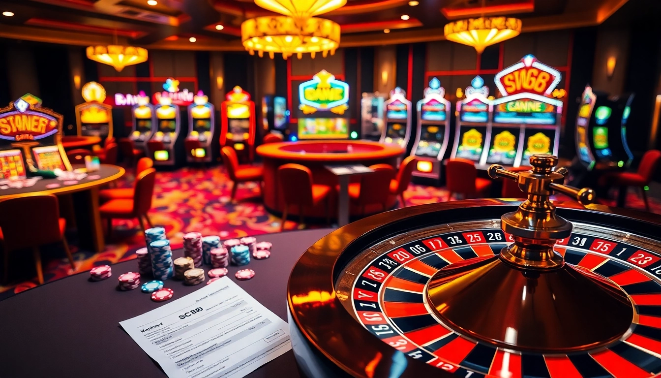 Engage in sc88 betting strategies at a vibrant casino with tables and roulette.