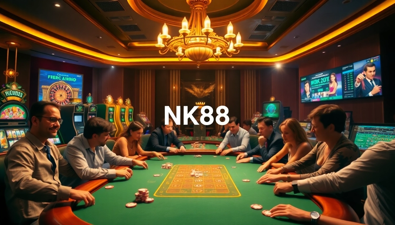 Engage in an exhilarating poker game at NK88 casino, surrounded by glamorous tables and vibrant players.