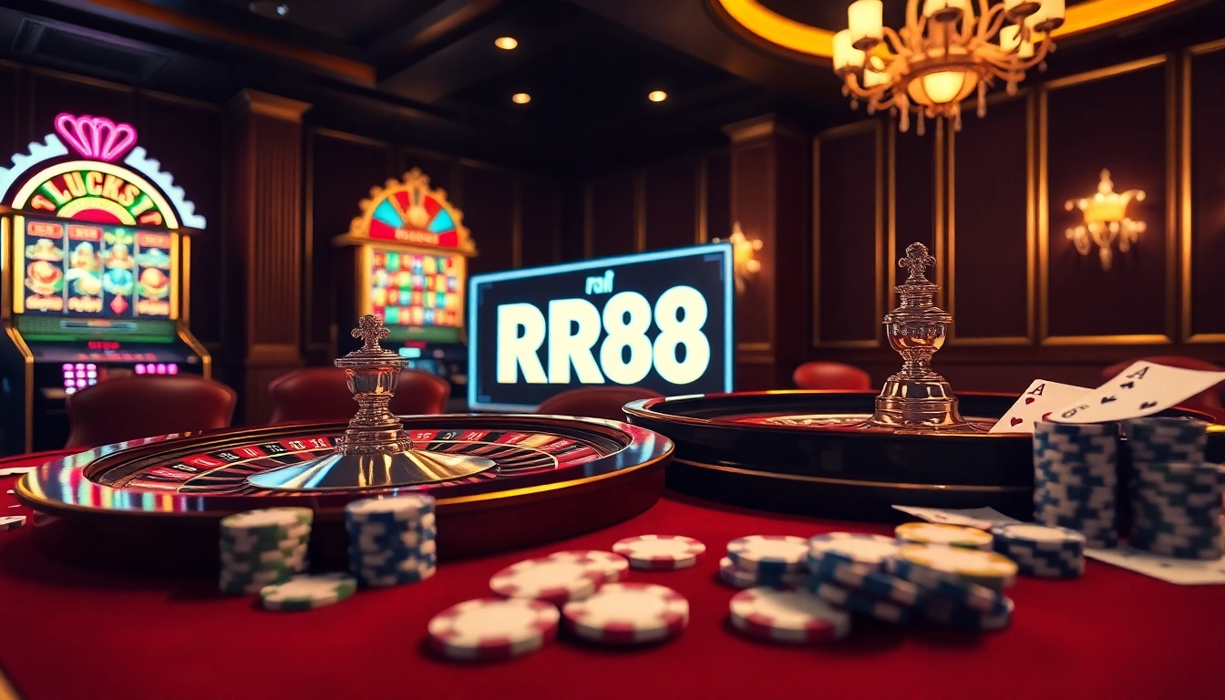 Experience the thrill at RR88 with an elegant casino scene featuring a roulette wheel and poker chips.