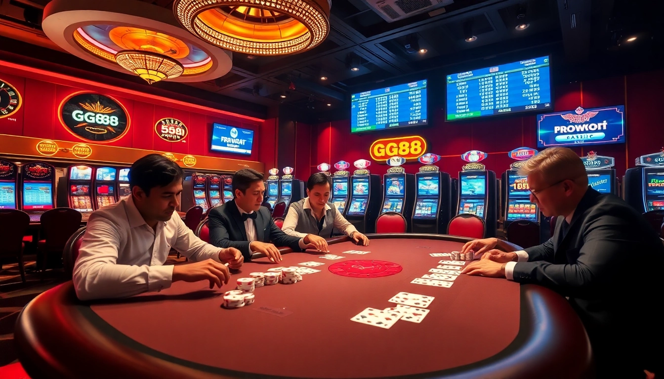 Experience the excitement of GG88 with vibrant casino visuals featuring poker and roulette.