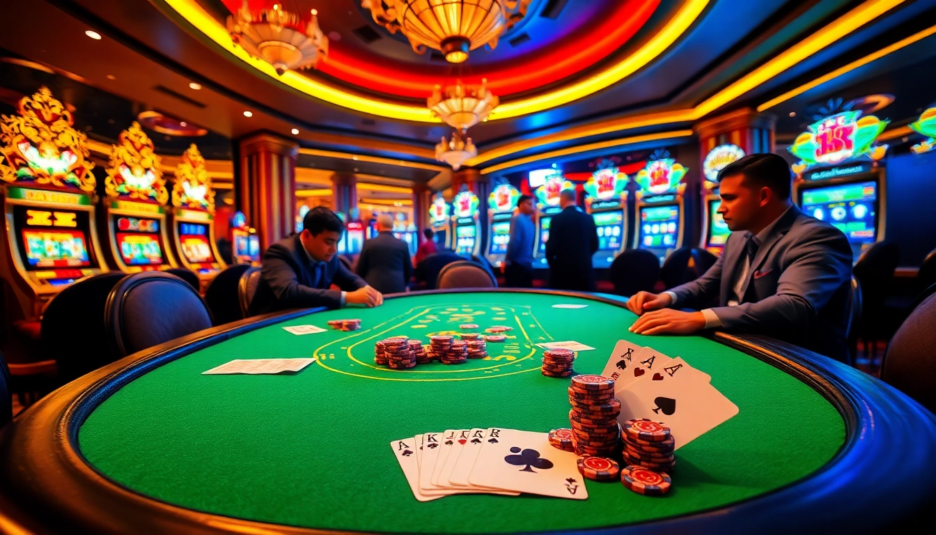 Experience the thrill of king888 with professionals at an opulent poker table surrounded by vibrant slot machines.
