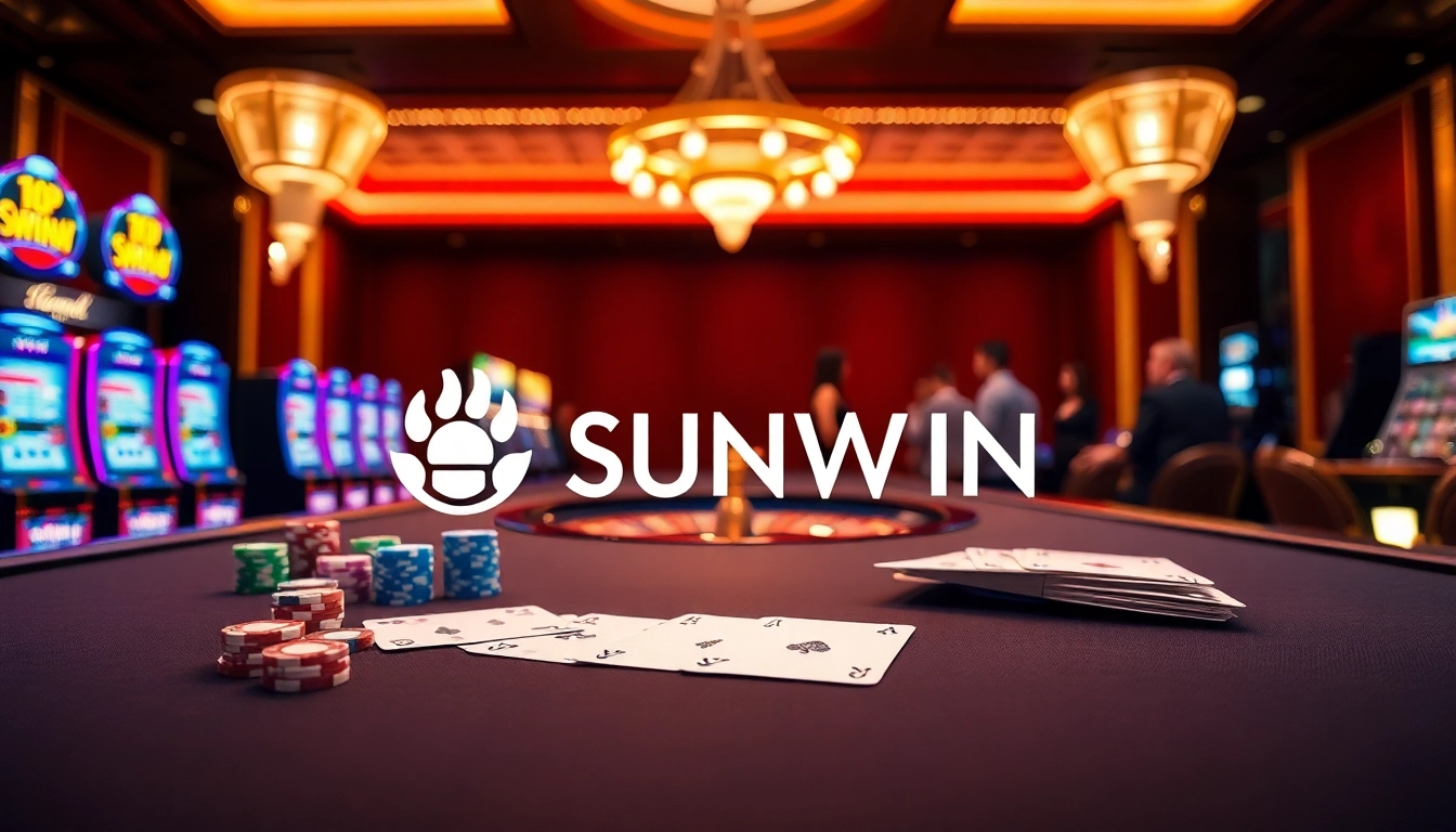 SUNWIN logo displayed on an elegant gaming table surrounded by poker chips and slot machines.