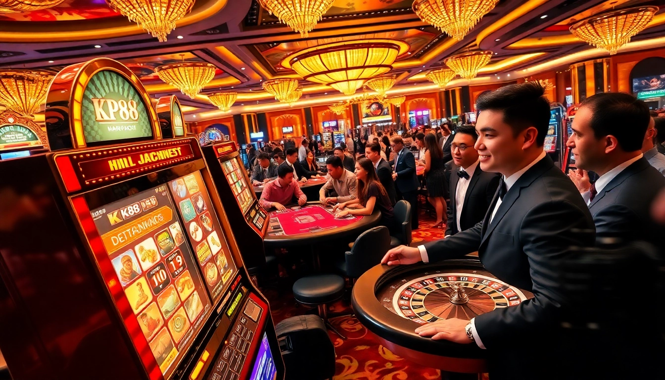 Players enjoying the exciting KP88 slot machine experience amidst a vibrant casino atmosphere.