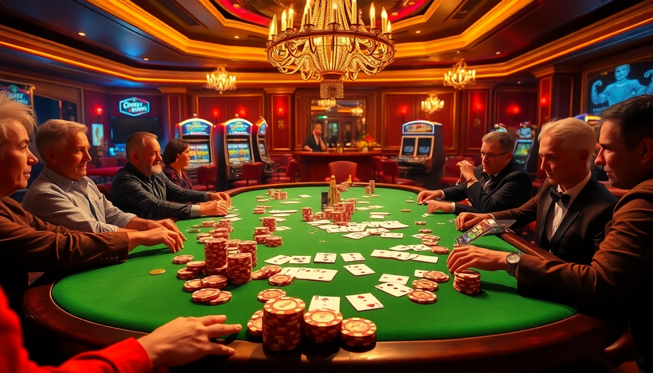 Exciting casino scene at https://bags168.com/ featuring a luxurious poker table and vibrant players.