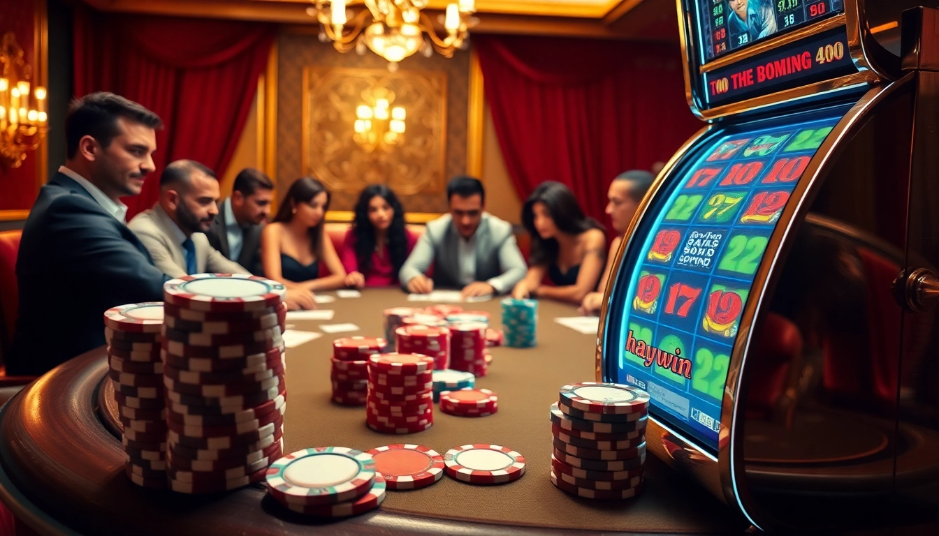 Players strategizing at a Haywin poker table, surrounded by vibrant casino elements.