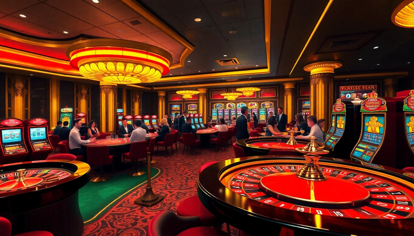 Players excitingly engage at roulette and poker tables in a vibrant casino atmosphere with link fly88.