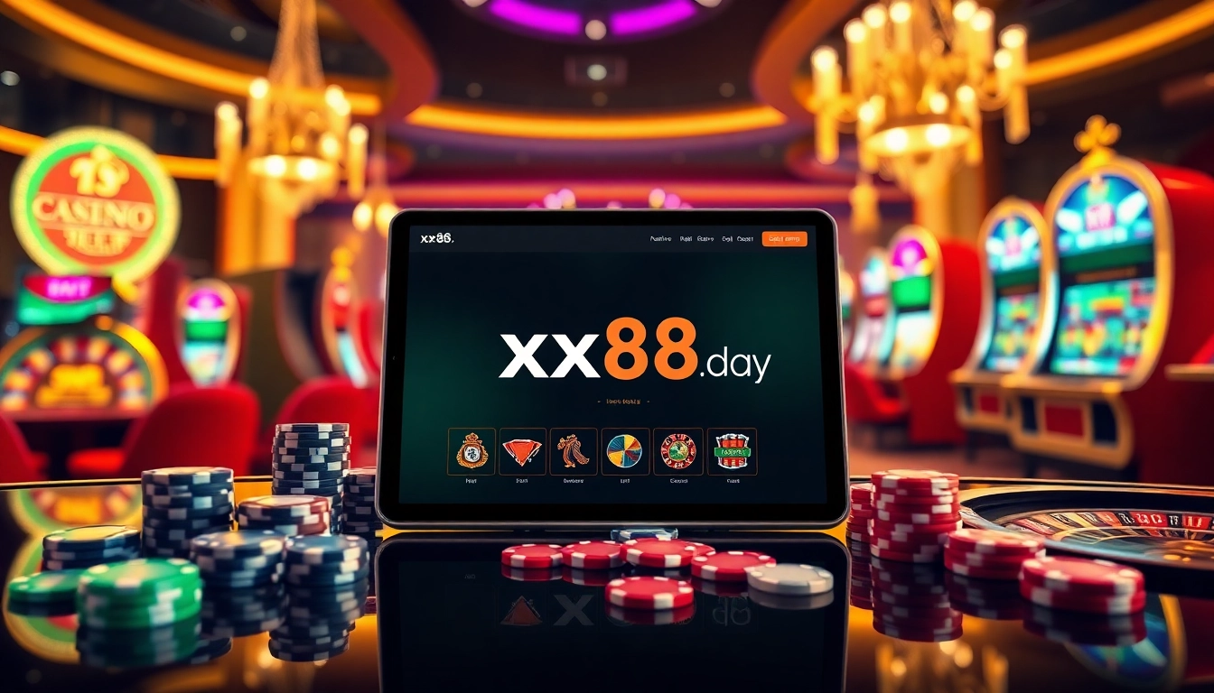 The excitement of online gambling at https://xx88.day/ with vivid poker chips and roulette wheels showcased.