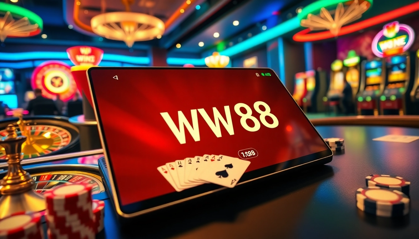 WW88 online gambling interface showcasing interactive casino games amidst vibrant casino decor.