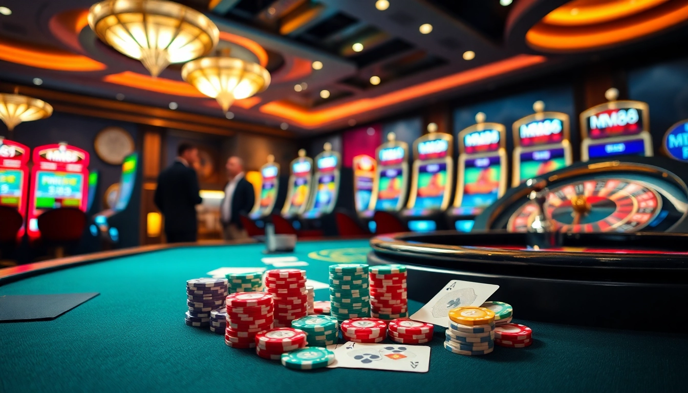 Players enjoying an exciting game at MM88 casino, featuring vibrant poker chips and a roulette wheel.