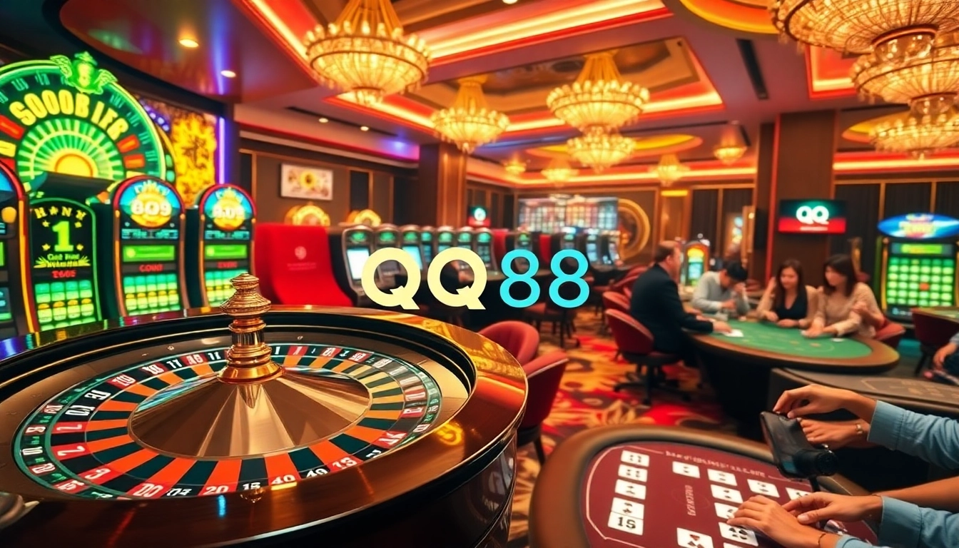 Gambling scene showcasing QQ88 with roulette, slots, and poker excitement