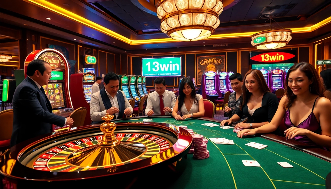 Engaging scene of gambling excitement with a glamorous 13win casino atmosphere, featuring roulette and poker.