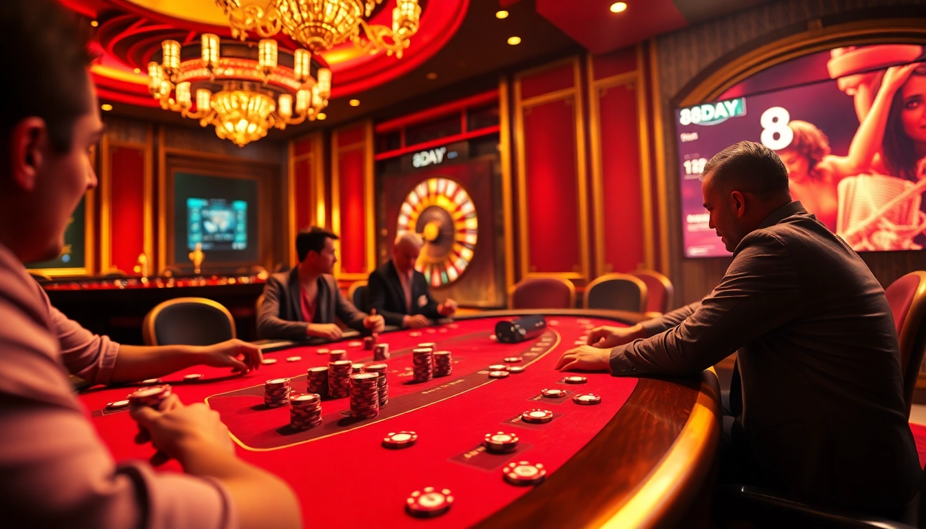 Players intensely strategizing at a poker table with 8DAY-themed chips in a luxury casino setting.