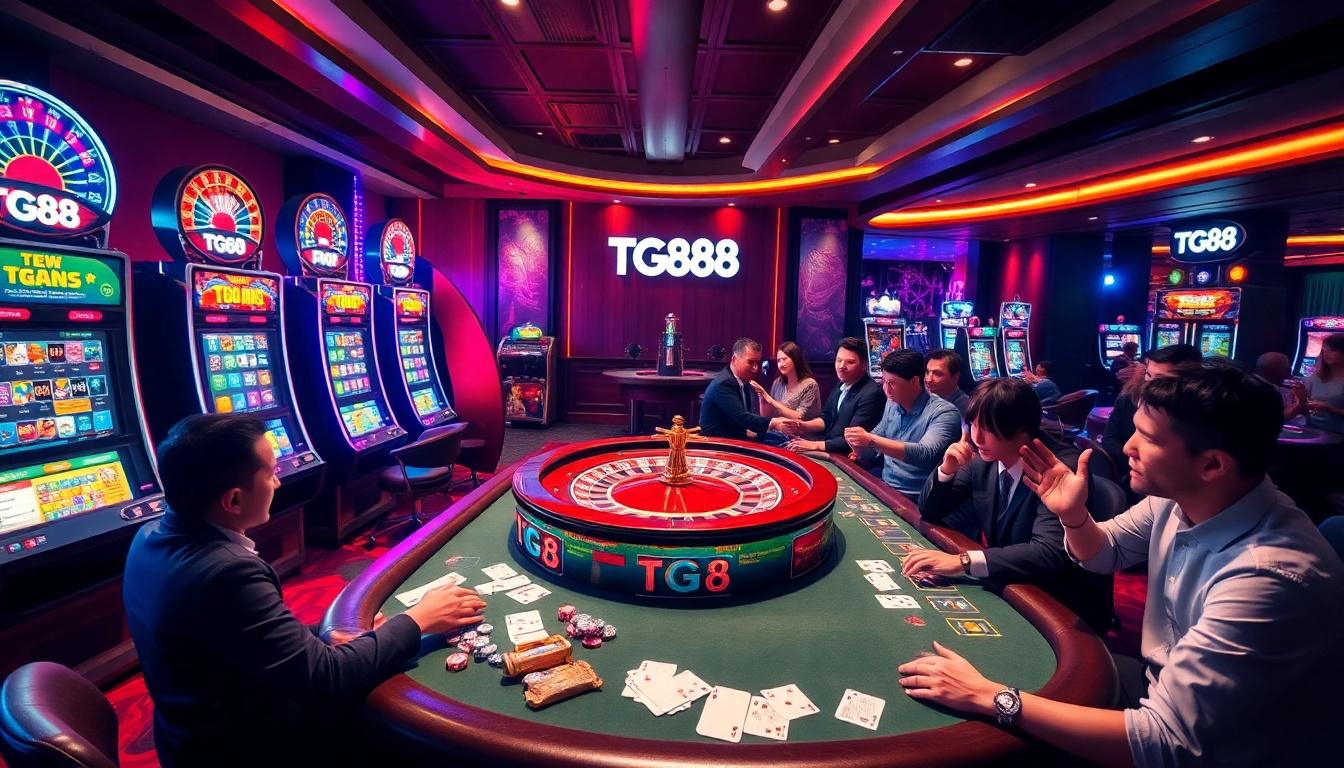 Experience the excitement of gambling with TG88 at a vibrant casino featuring tables and slot machines.