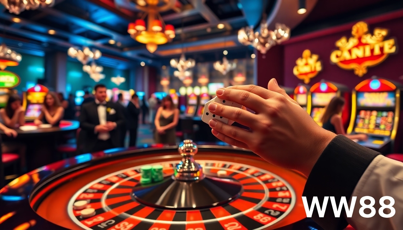 WW88 players engage in an exciting casino atmosphere with roulette and poker chips.