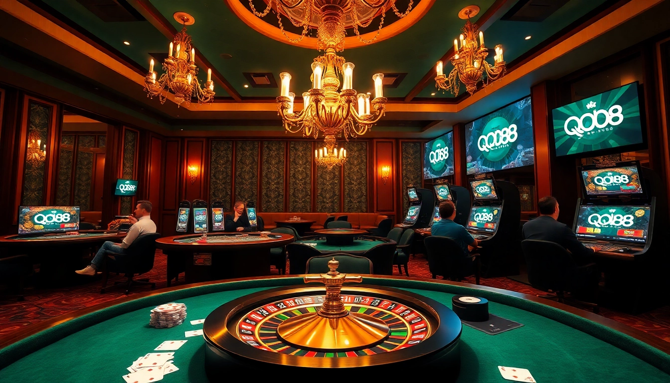 Players enjoying a luxurious casino experience with QQ88 branding, roulette table, and vibrant poker chips.