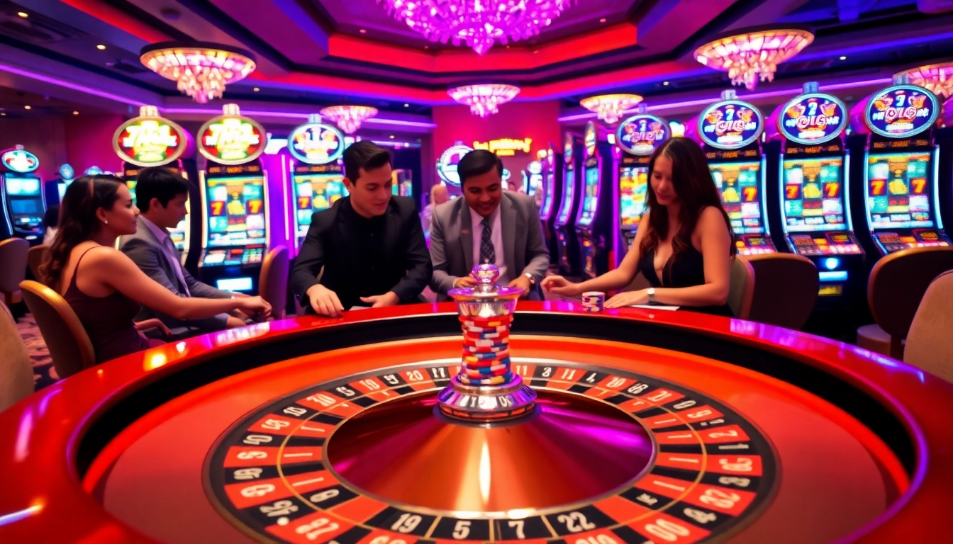 Engaging players at 789club on a roulette table, surrounded by vibrant casino elements.