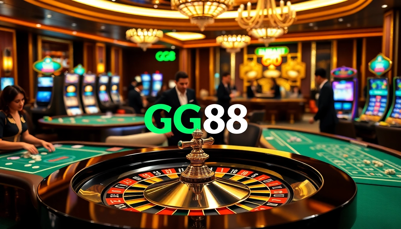 Players enjoying various casino games with GG88 branding in a luxurious setting.