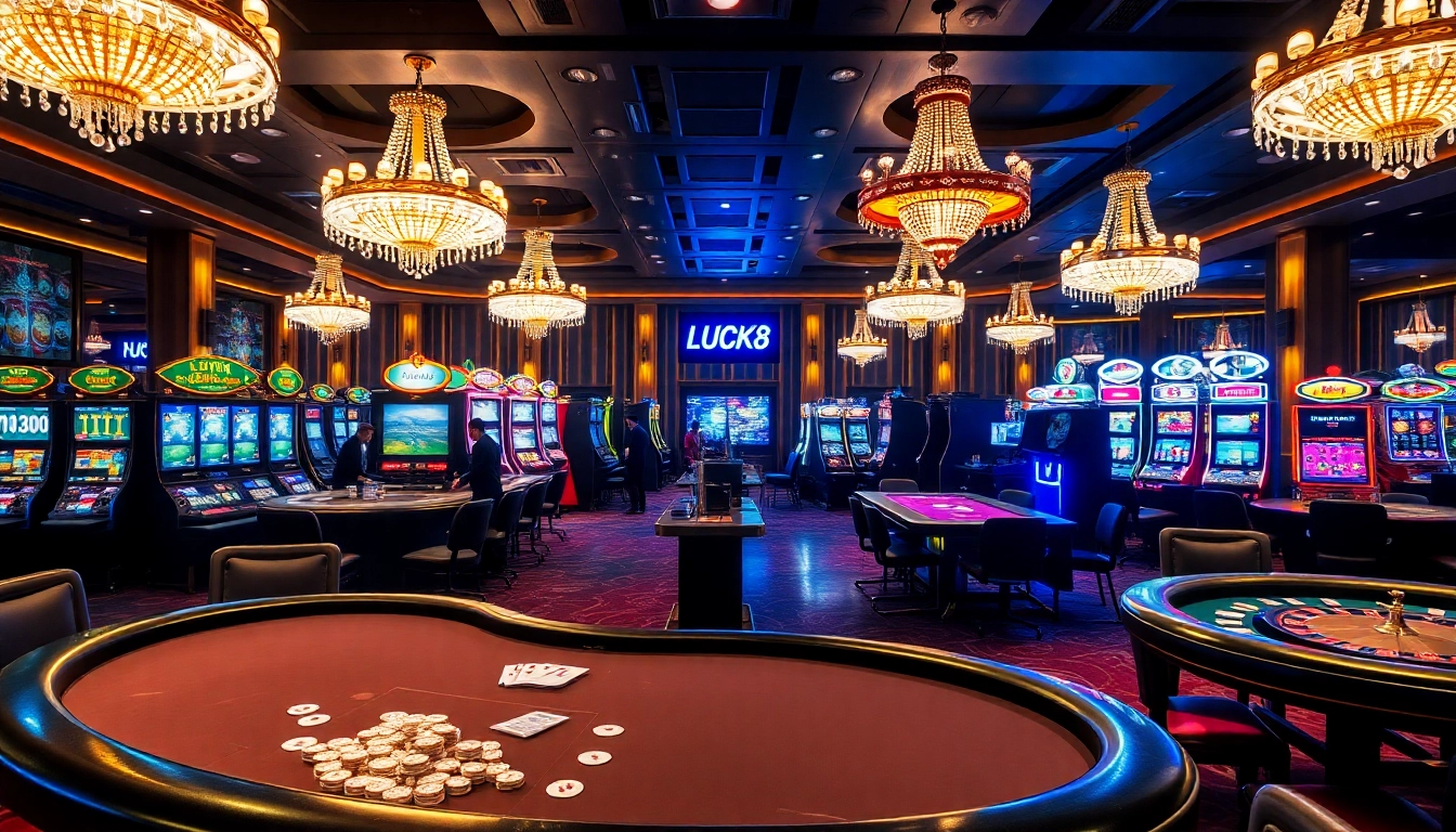 Players engaging at the LUCK8 themed casino, showcasing vibrant tables and exciting gaming action.