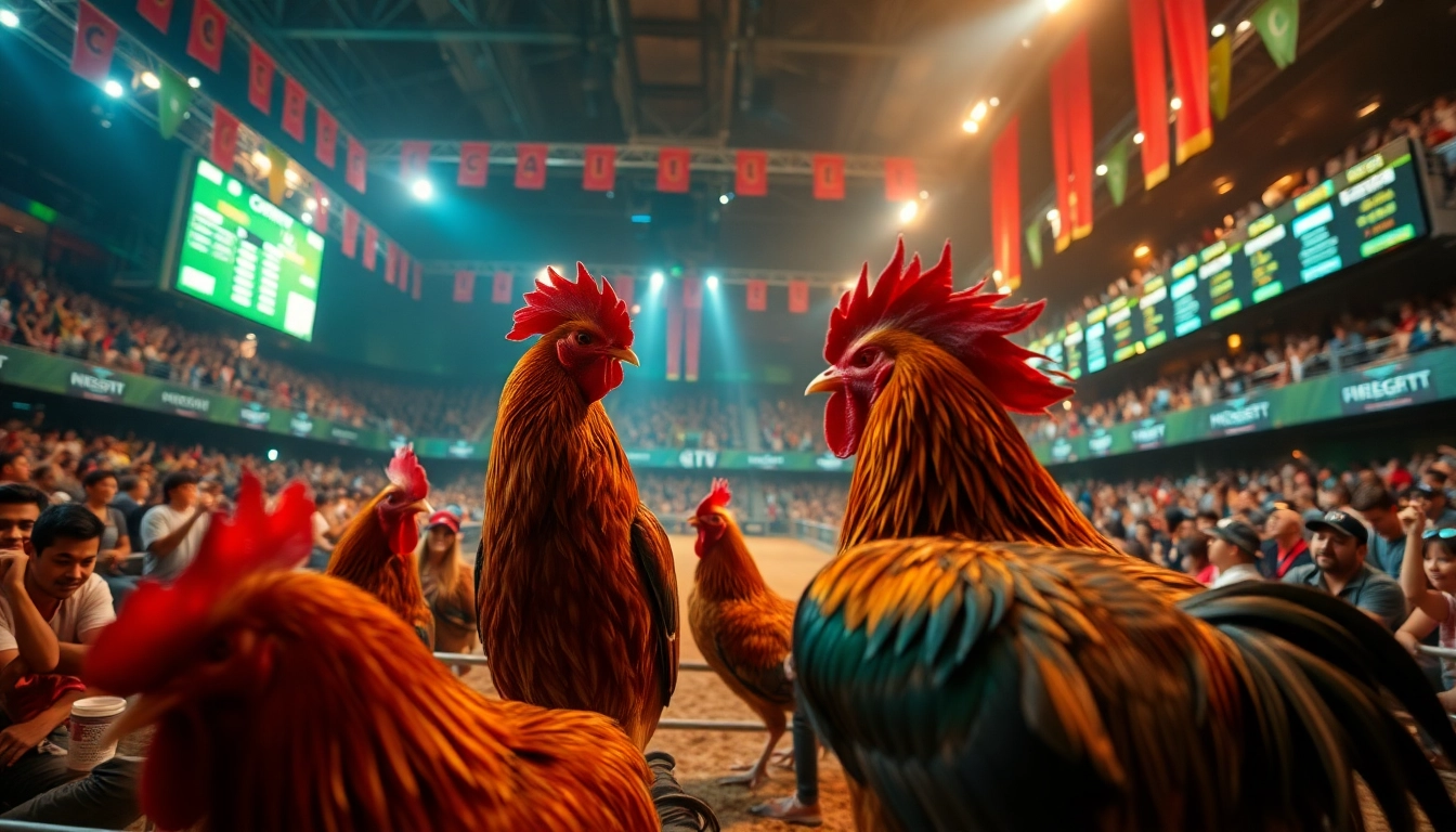 Experience the thrill of đá gà trực tiếp as spectators enjoy a lively cockfighting match with odds on display.