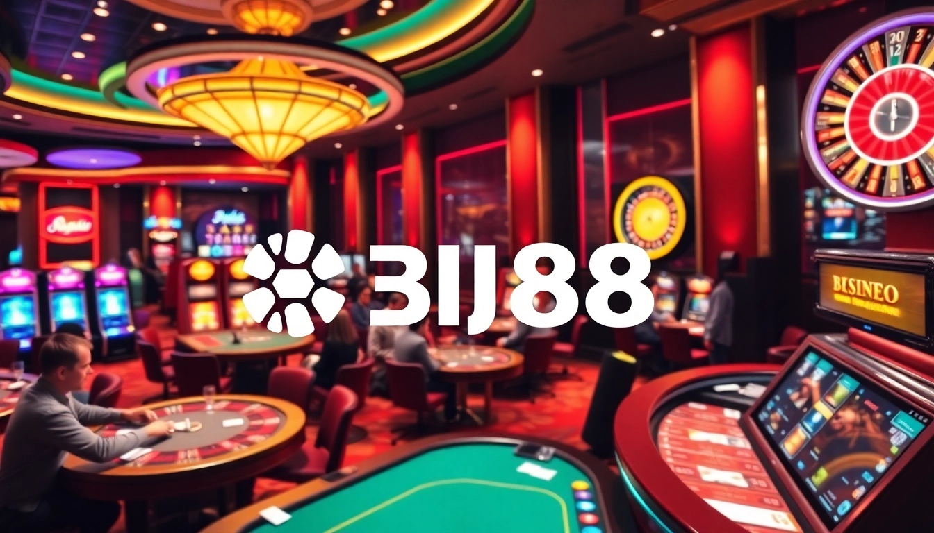 Experience BJ88’s thrilling gaming atmosphere with vibrant casino tables and modern slot machines.