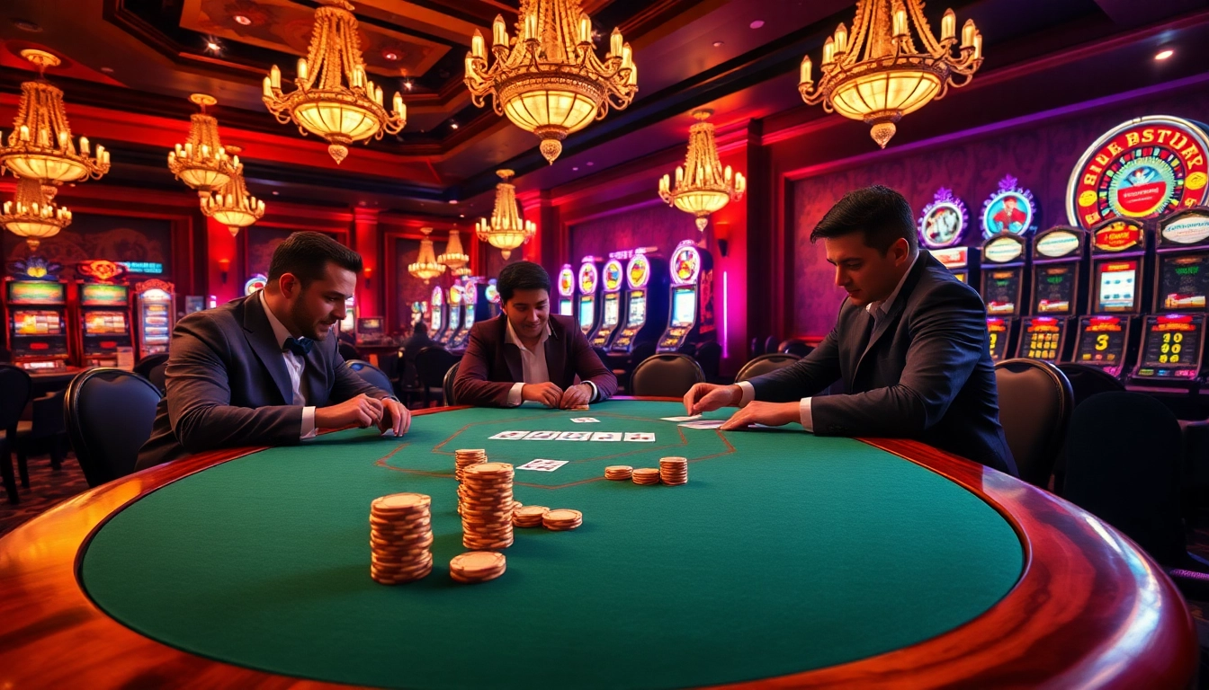 Engage with a thrilling poker game at rikvip’s luxurious casino setting, capturing player's intense focus and premium poker chips.