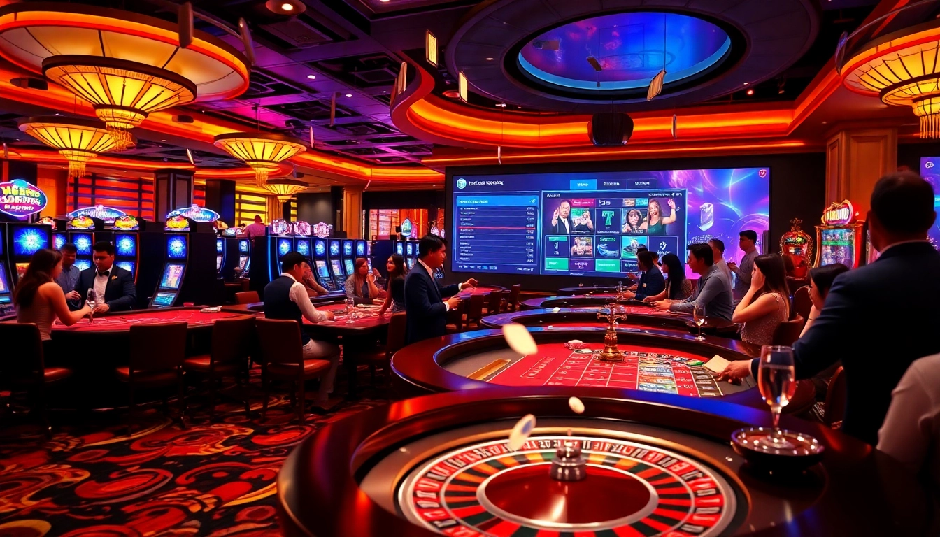 The exciting casino gaming environment at https://bem88.com featuring players, tables, and vibrant slot machines.
