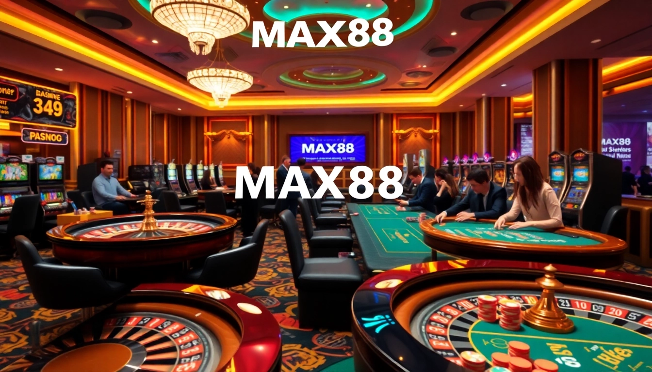 Experience the thrill of gambling at MAX88 with vibrant casino tables and engaging players.