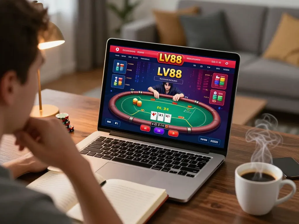 LV88 online gambler analyzing strategies during a poker game at home, creating a focused environment.